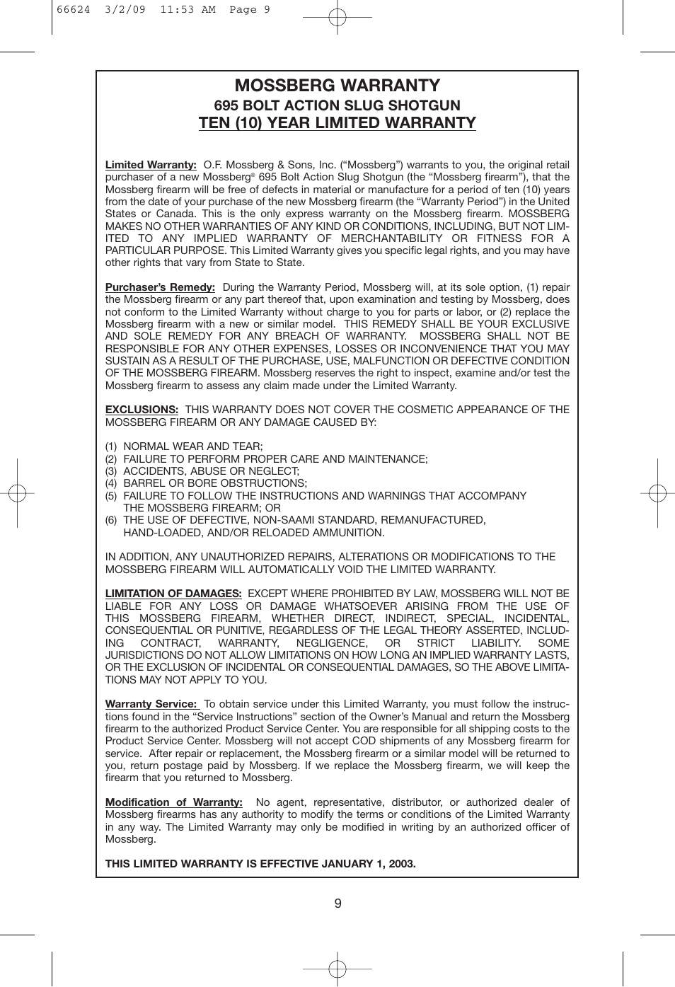 Mossberg warranty, Ten (10) year limited warranty, 695 bolt action slug shotgun | Mossberg 69 User Manual | Page 11 / 16
