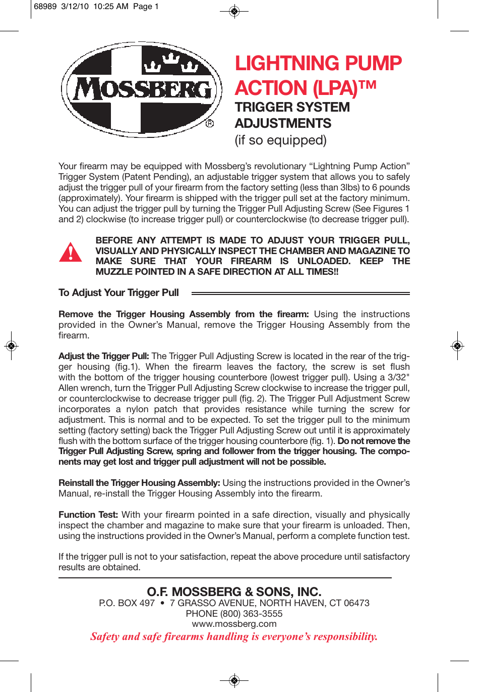 Mossberg LP Lightning Pump Action Trigger system adjustment User Manual | 2 pages