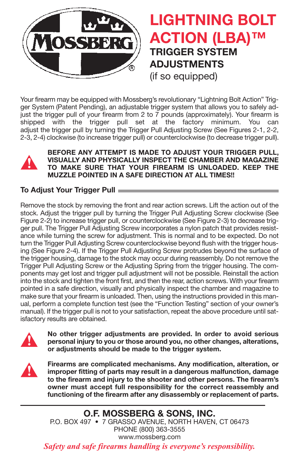 Mossberg LB Lightning Bolt Action Trigger system adjustment User Manual | 2 pages