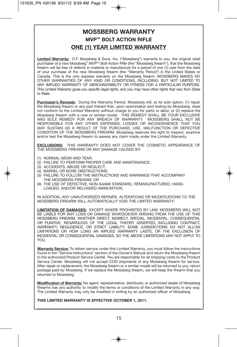 Mossberg warranty, One (1) year limited warranty, Bolt action rifle | Mossberg MVP User Manual | Page 17 / 24