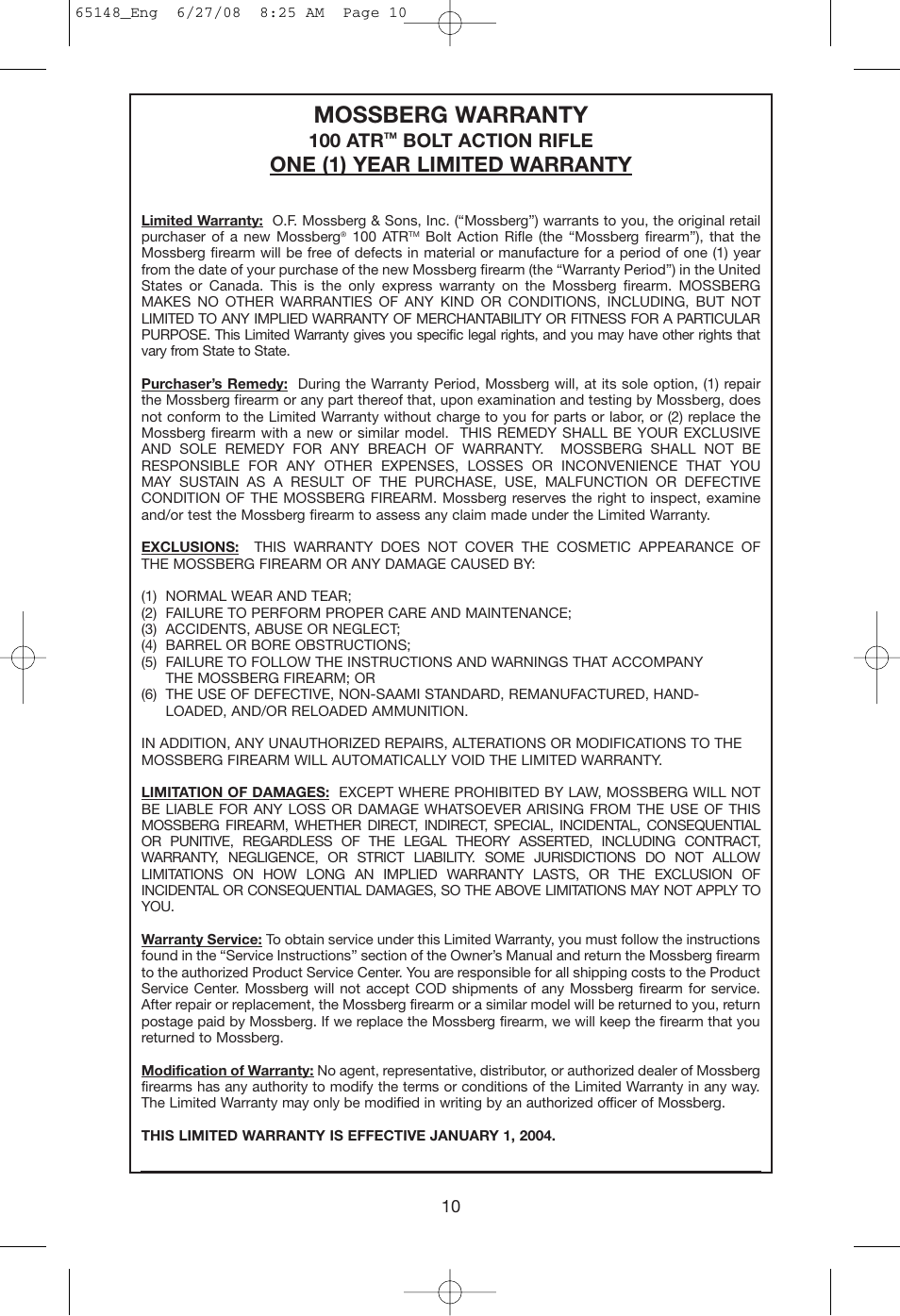 Mossberg warranty, One (1) year limited warranty, 100 atr | Bolt action rifle | Mossberg AT User Manual | Page 12 / 18