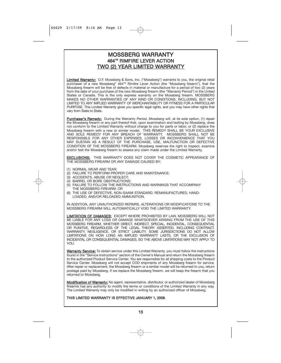Mmo os ss sb be er rg g w wa ar rr ra an nt ty y | Mossberg 46 RIMFIRE User Manual | Page 13 / 16