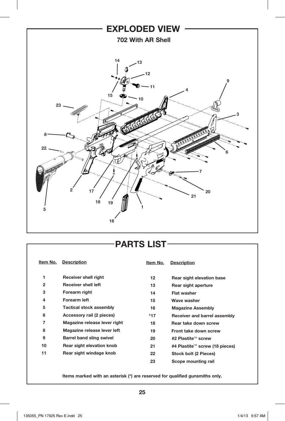 Exploded view, Parts list, 702 with ar shell | Mossberg 715T User Manual | Page 25 / 28