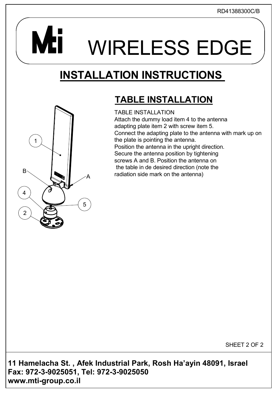 Wireless edge, Installation instructions, Table installation | MTI Wireless Edge Indoor Antenna User Manual | Page 2 / 2