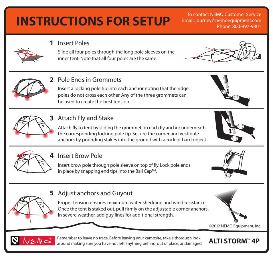 Instructions for setup, Alti storm, Attach fly and stake | Insert brow pole, Adjust anchors and guyout, Insert poles pole ends in grommets | NEMO Equipment ALTI STOR 4P User Manual | Page 5 / 5