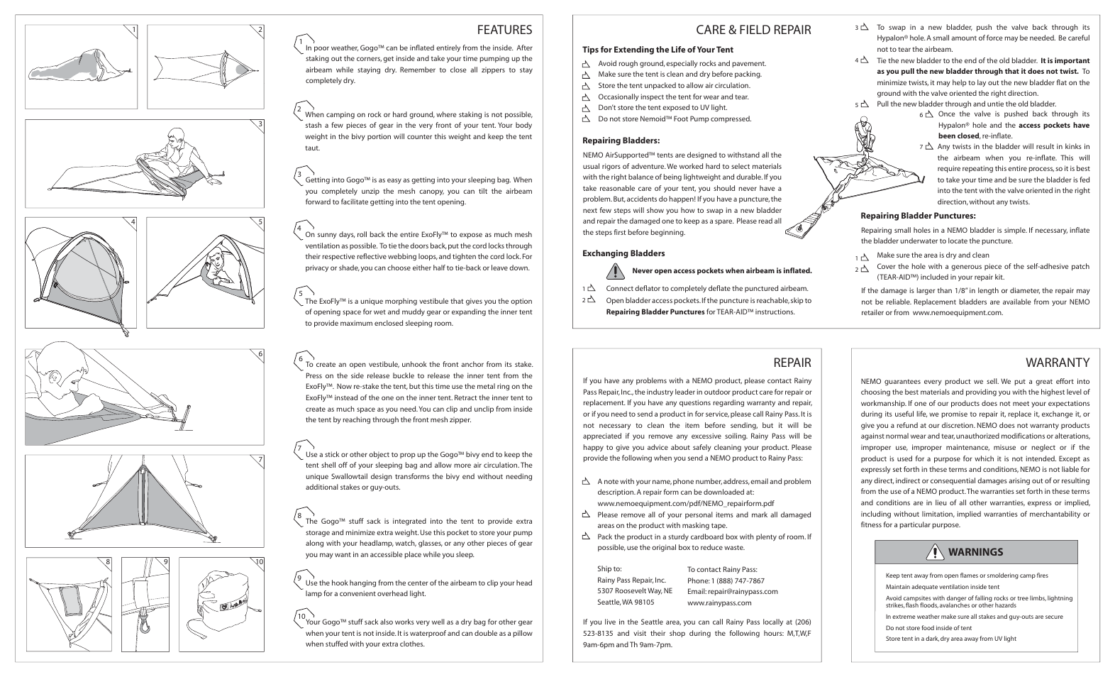 Gogo b.pdf, Care & field repair, Warranty repair | Features, Warnings | NEMO Equipment GOG ELITE User Manual | Page 2 / 2