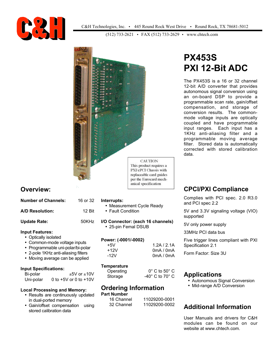 C&H Technologies PXI 12-Bit ADC PX453S User Manual | 1 page