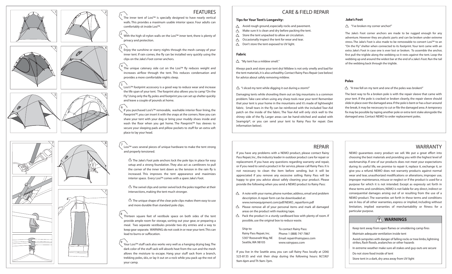 Losi b.pdf, Care & field repair, Warranty repair | Features, Warnings | NEMO Equipment LOS User Manual | Page 2 / 2