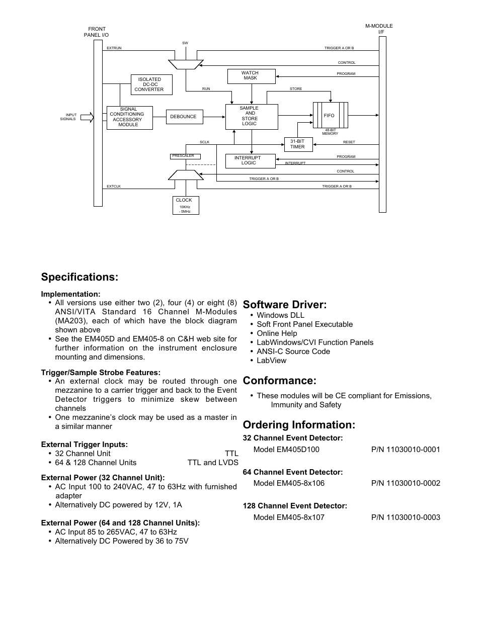Specifications, Software driver, Conformance | Ordering information | CH Tech EM405D100 User Manual | Page 2 / 2