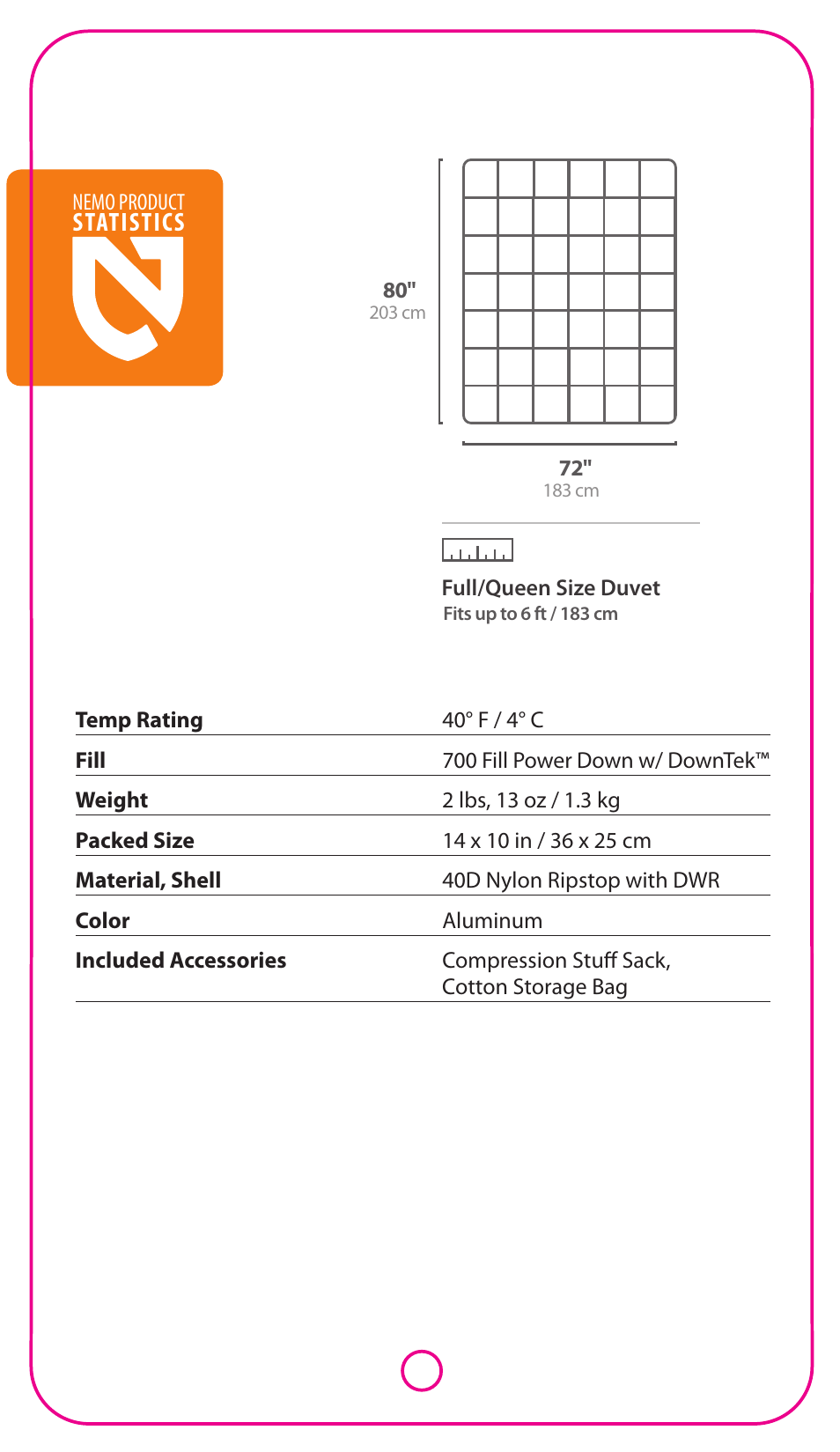 Statistics | NEMO Equipment MUS DUVET 40 User Manual | Page 2 / 6