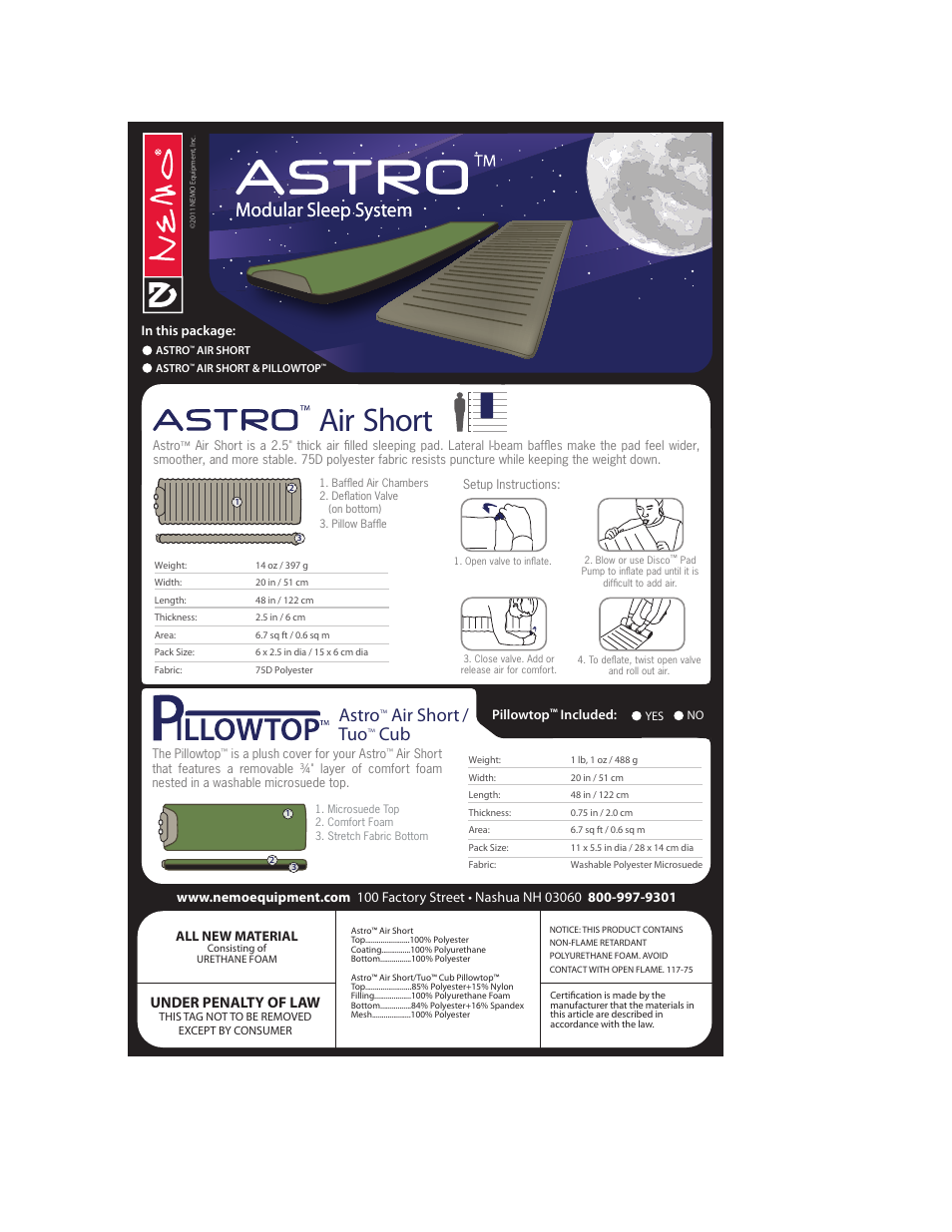 NEMO Equipment ASTR AIR SHORT User Manual | 2 pages