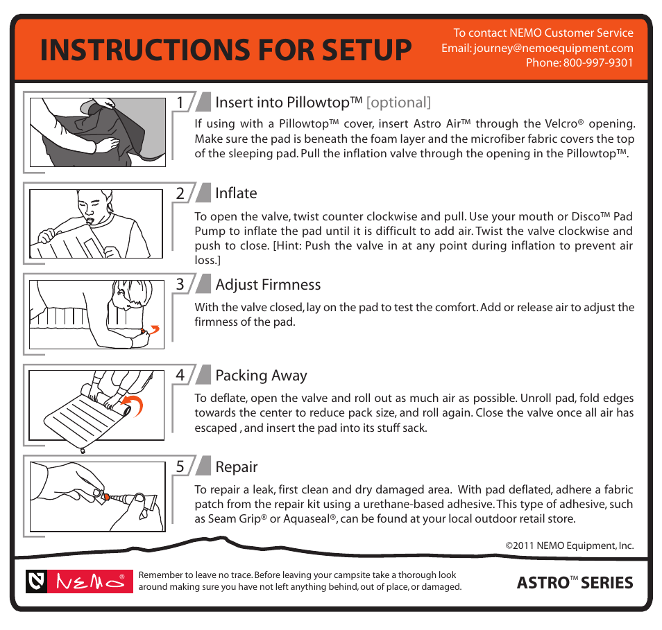 Instructions for setup, Astro | NEMO Equipment ASTR AIR SHORT User Manual | Page 2 / 2