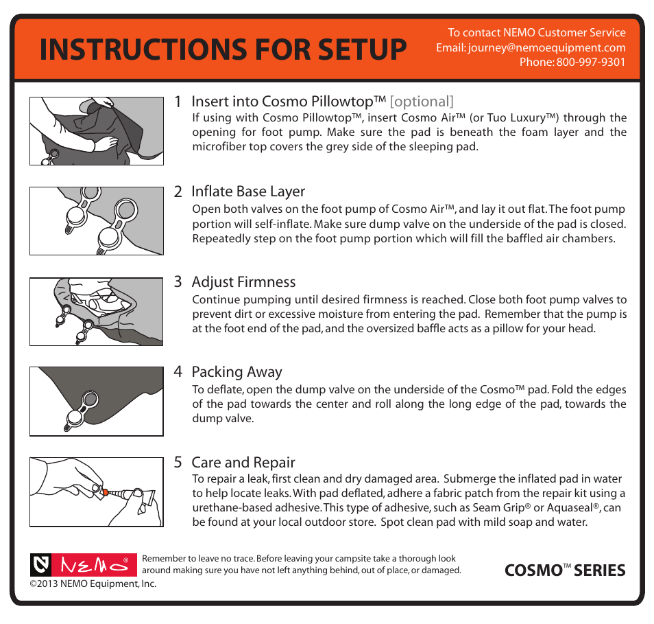 Instructions for setup, Cosmo | NEMO Equipment COSM AIR User Manual | Page 2 / 2