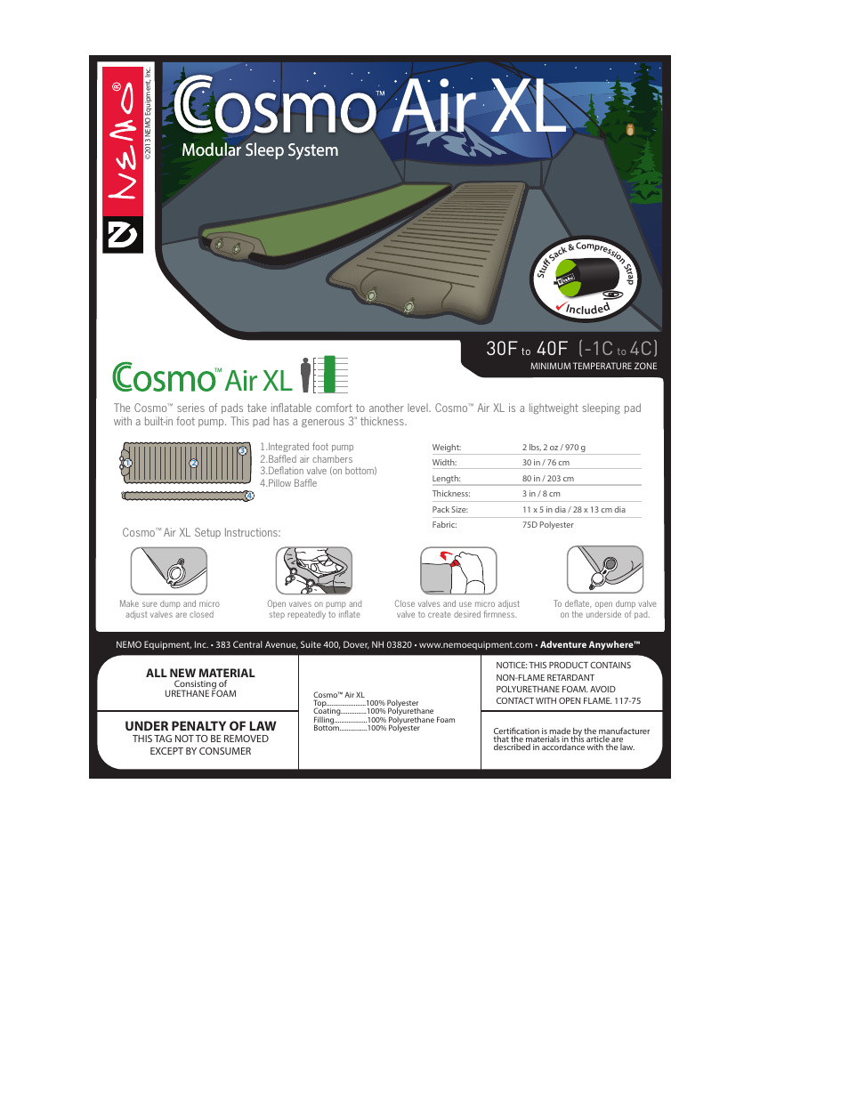 NEMO Equipment COSM INSULATED XL User Manual | 2 pages