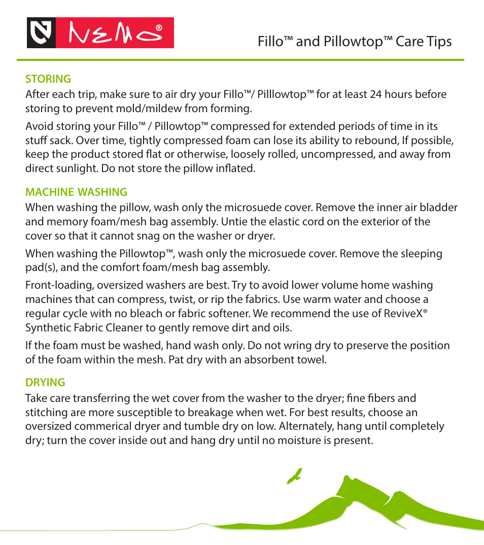 Fillo™ and pillowtop™ care tips | NEMO Equipment FILLO LUXUR User Manual | Page 2 / 2