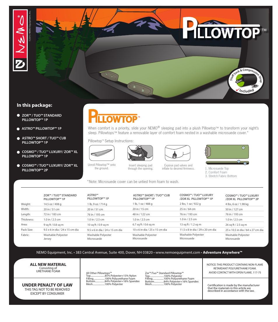 NEMO Equipment PILLOWTO User Manual | 3 pages