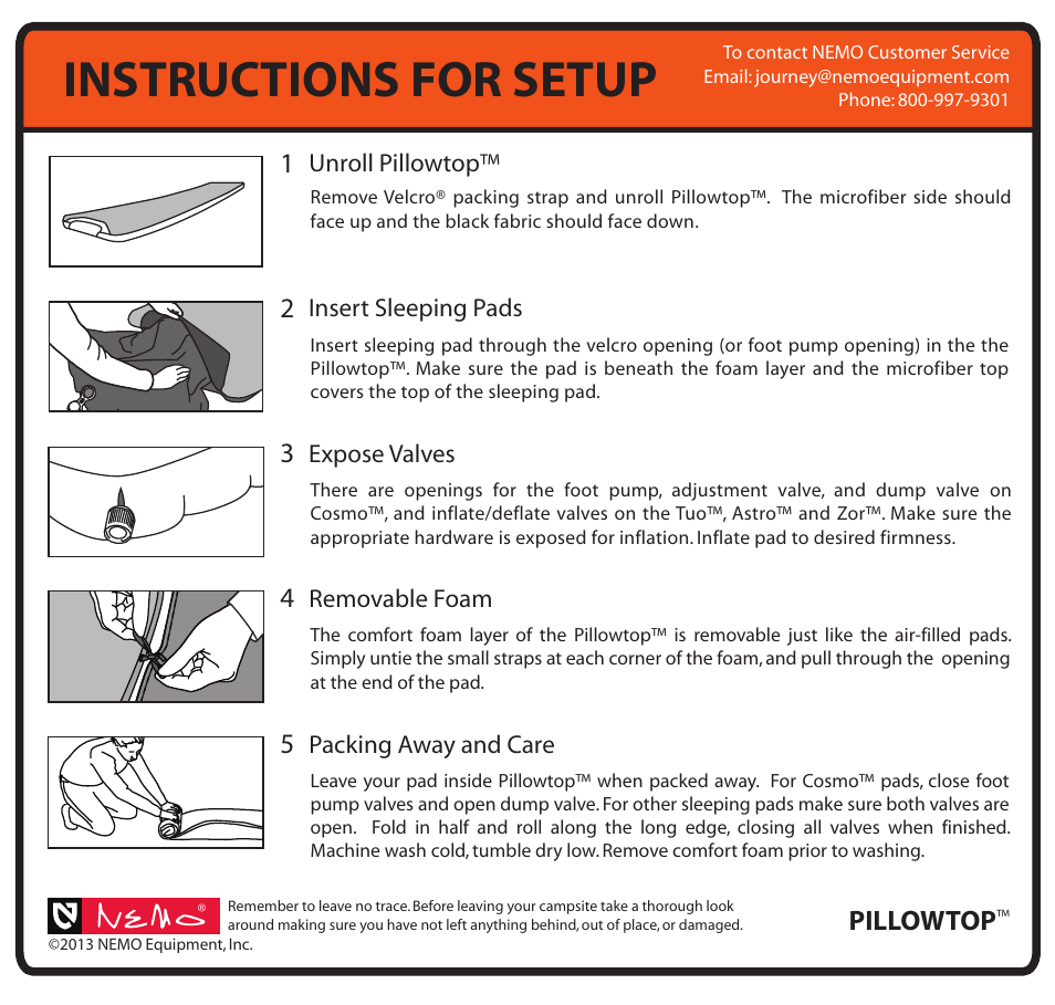 Instructions for setup, Pillowtop | NEMO Equipment PILLOWTO User Manual | Page 2 / 3