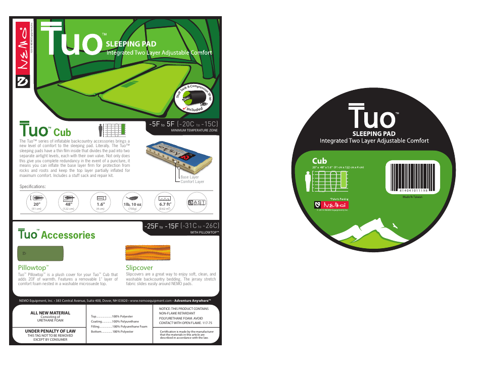 NEMO Equipment TUO CUB User Manual | 2 pages