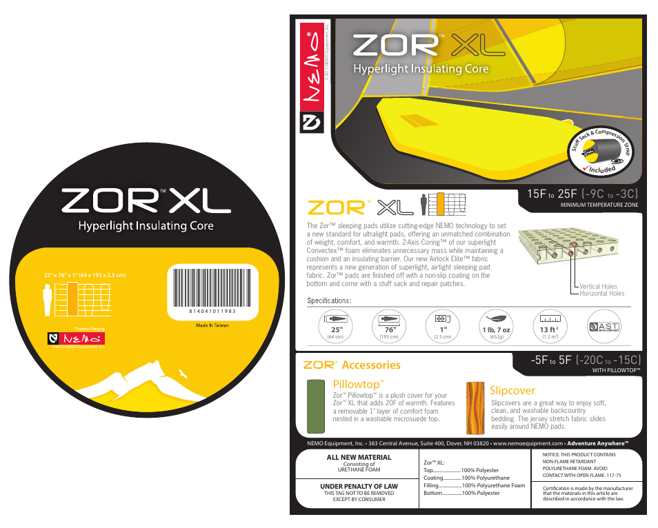 NEMO Equipment ZO XL User Manual | 2 pages