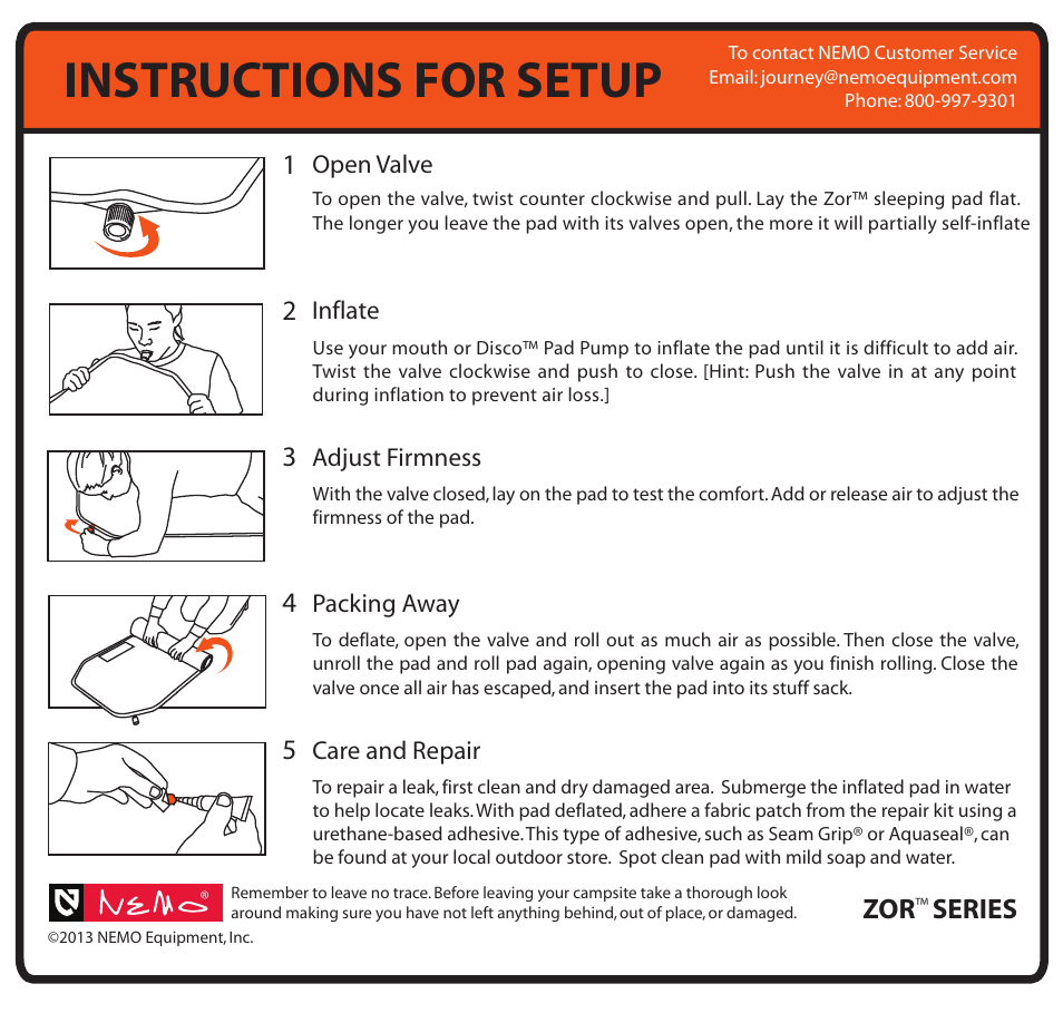 Instructions for setup | NEMO Equipment ZO XL User Manual | Page 2 / 2
