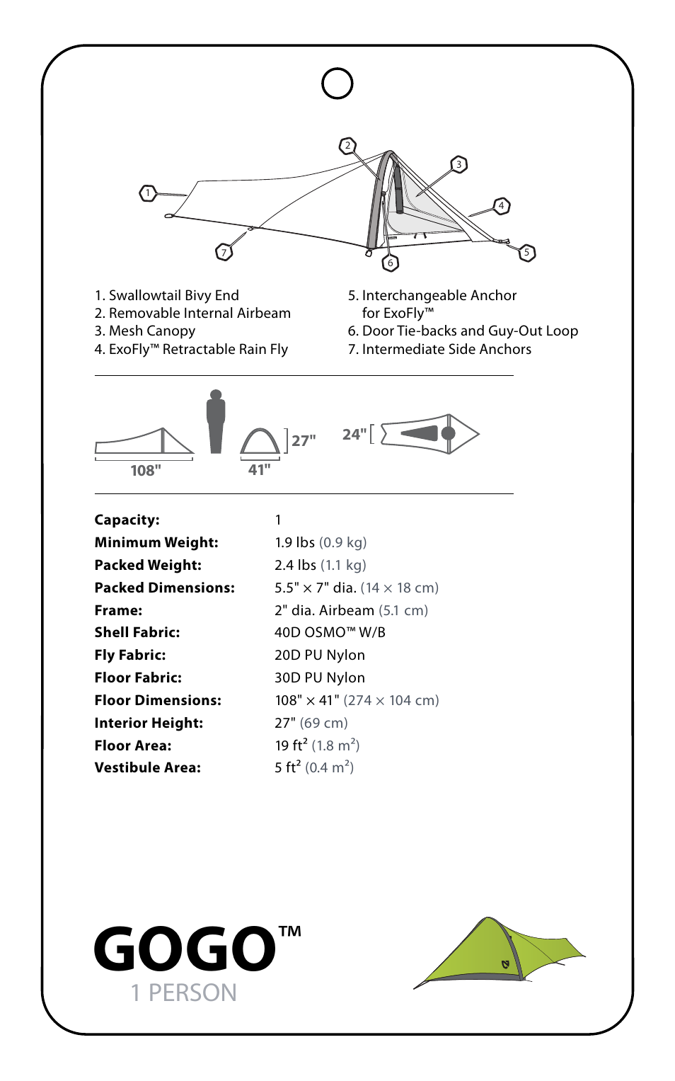 Gogo, 1 person | NEMO Equipment GOG User Manual | Page 3 / 9