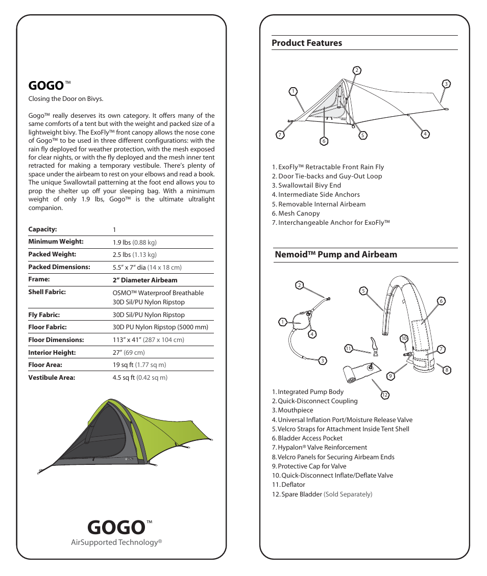 Gogo, Nemoid™ pump and airbeam product features | NEMO Equipment GOG User Manual | Page 2 / 8