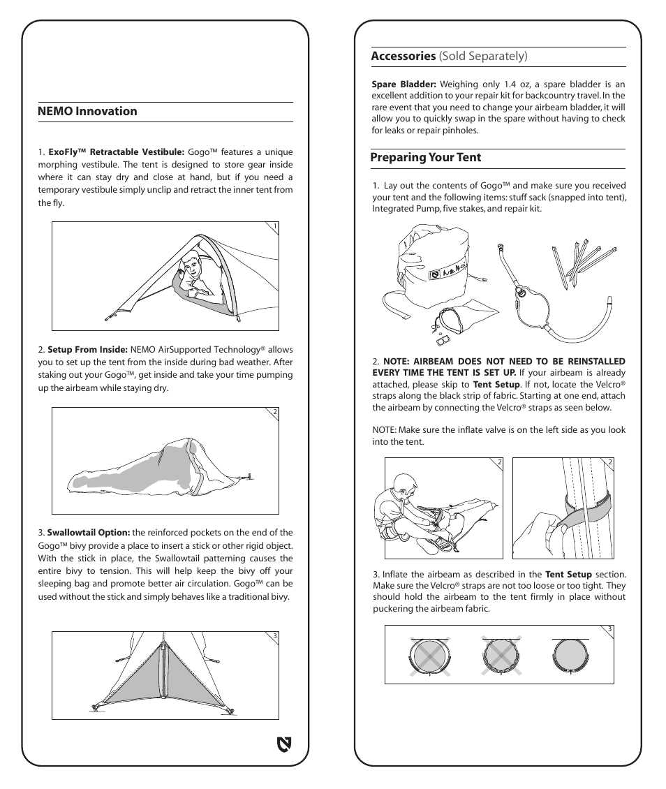 Preparing your tent, Accessories (sold separately), Nemo innovation | NEMO Equipment GOG User Manual | Page 3 / 8