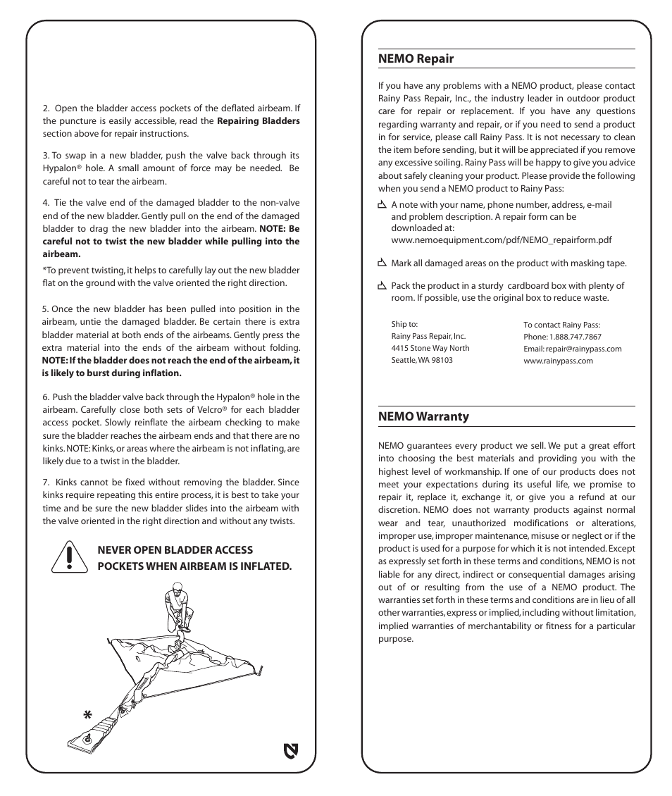 Nemo warranty, Nemo repair | NEMO Equipment GOG User Manual | Page 6 / 8