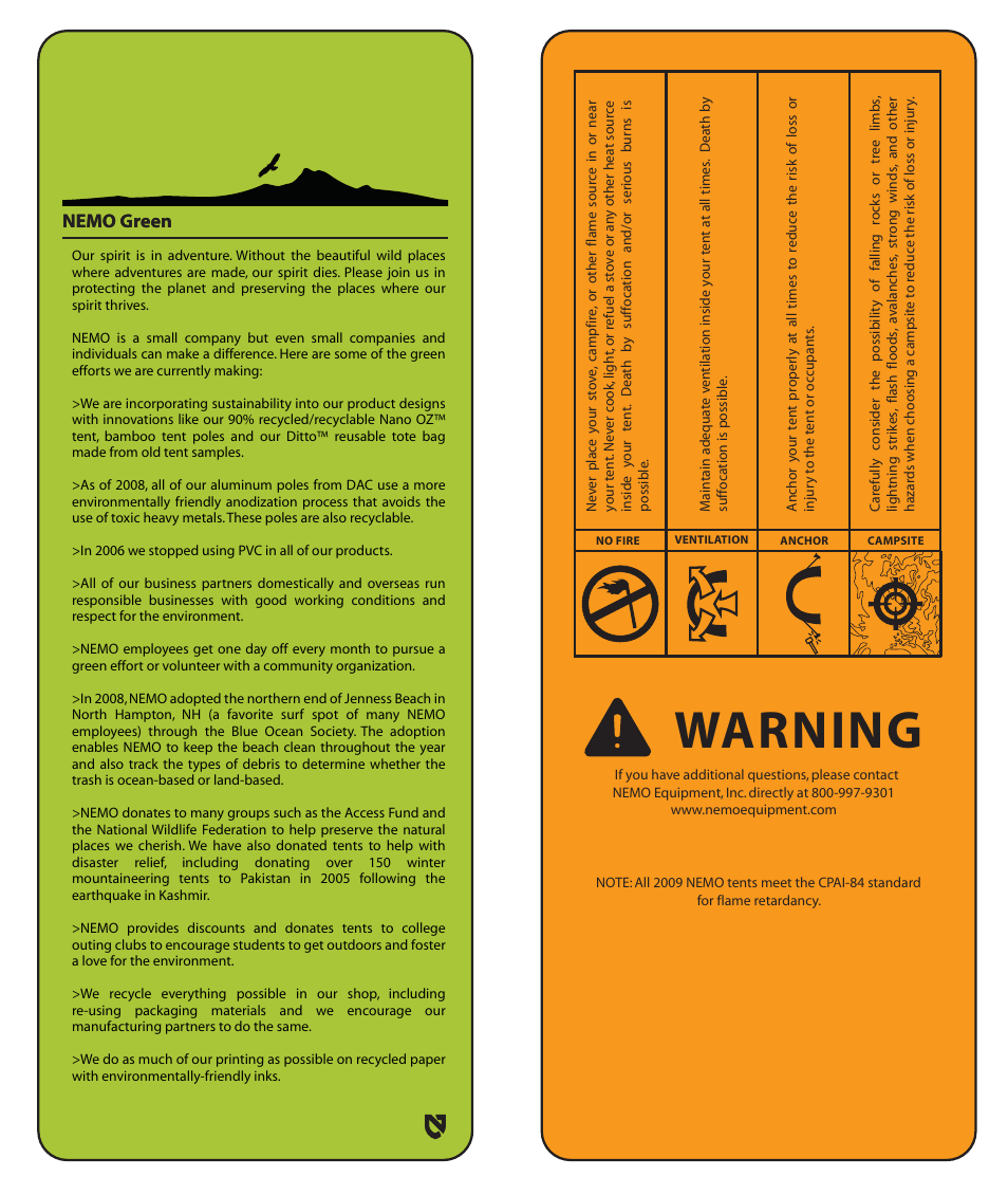 Warning, Nemo green | NEMO Equipment GOG User Manual | Page 7 / 8