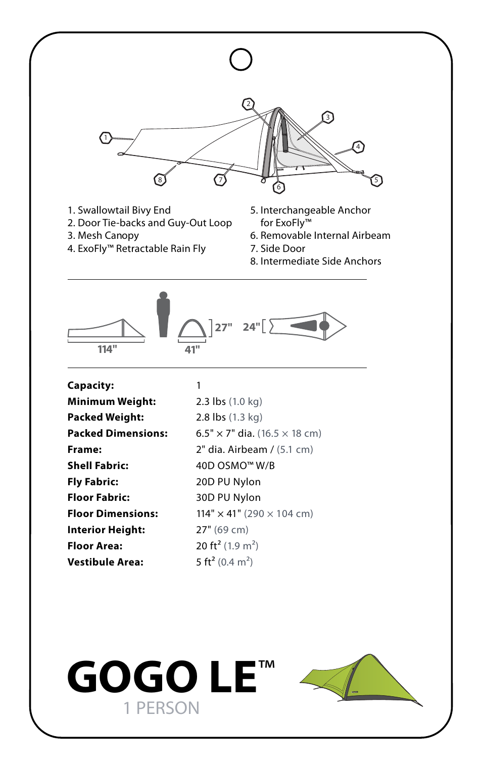 Gogo le, 1 person | NEMO Equipment GOGO L User Manual | Page 3 / 9