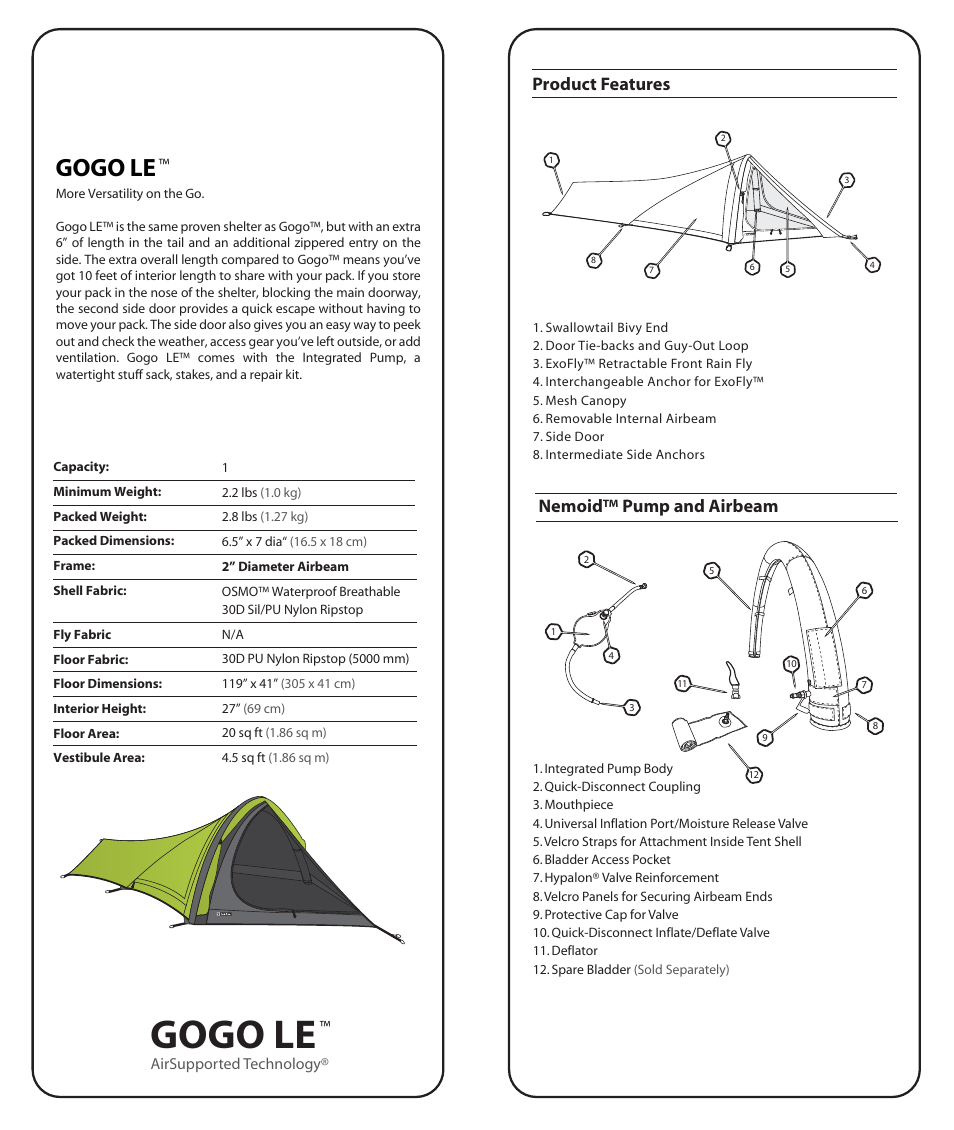 Gogo le, Nemoid™ pump and airbeam product features | NEMO Equipment GOGO L User Manual | Page 2 / 8