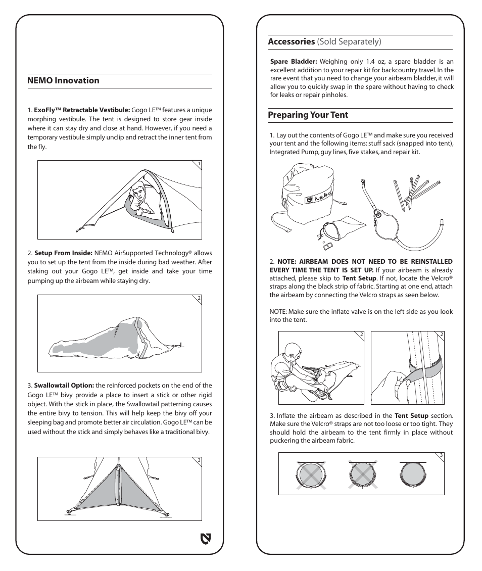 Preparing your tent, Accessories (sold separately), Nemo innovation | NEMO Equipment GOGO L User Manual | Page 3 / 8