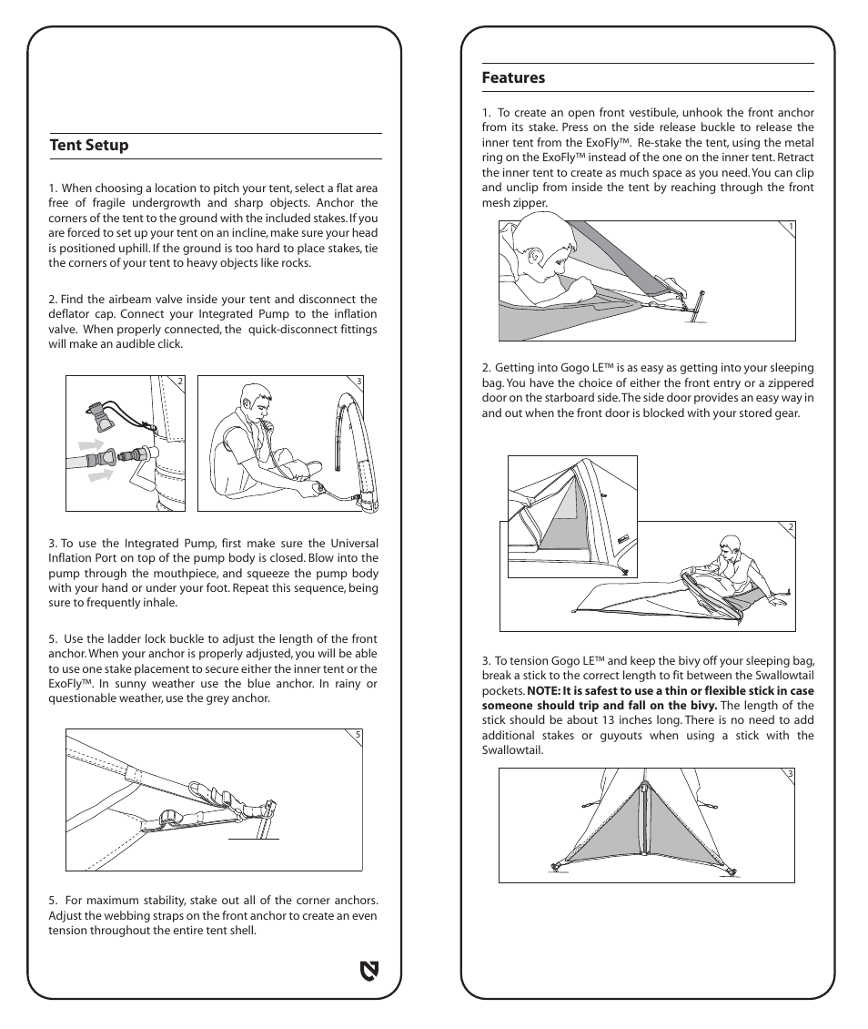 Page 3 back revised, Features, Tent setup | NEMO Equipment GOGO L User Manual | Page 4 / 8