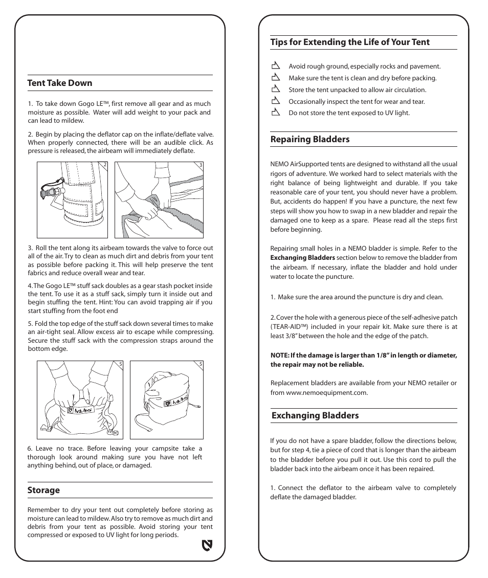 Exchanging bladders, Tent take down storage | NEMO Equipment GOGO L User Manual | Page 5 / 8