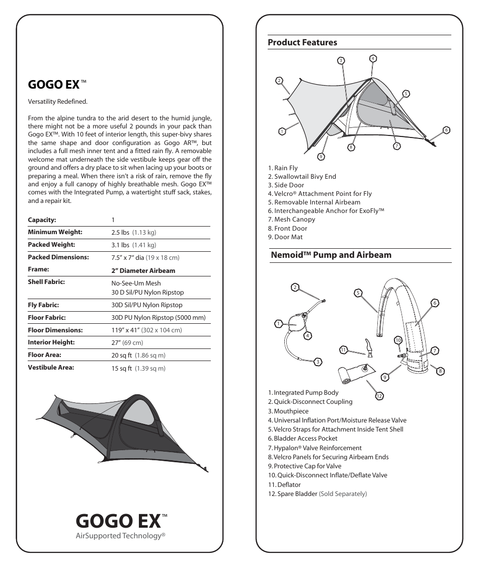 Gogo ex, Nemoid™ pump and airbeam product features | NEMO Equipment GOGO E User Manual | Page 2 / 8