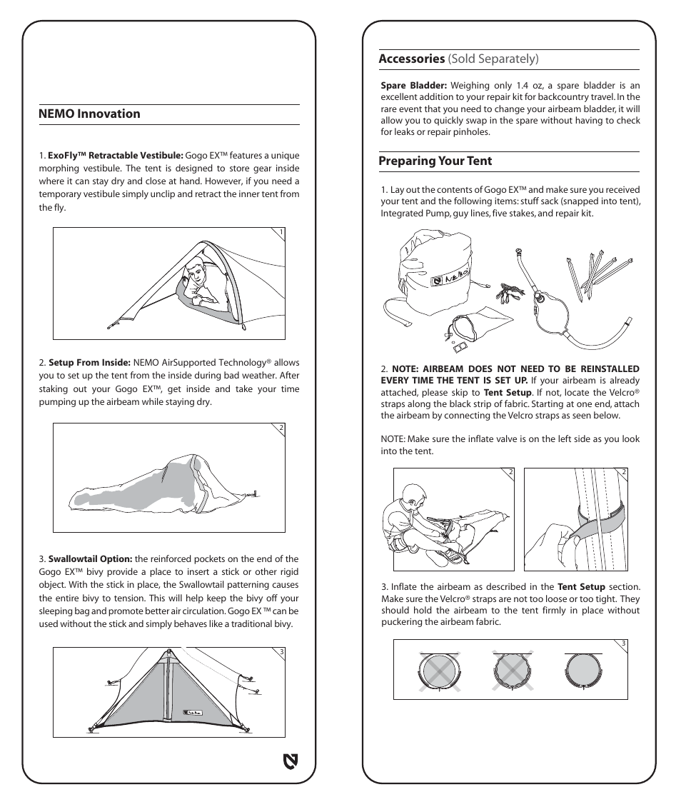 Accessories (sold separately) preparing your tent, Nemo innovation | NEMO Equipment GOGO E User Manual | Page 3 / 8