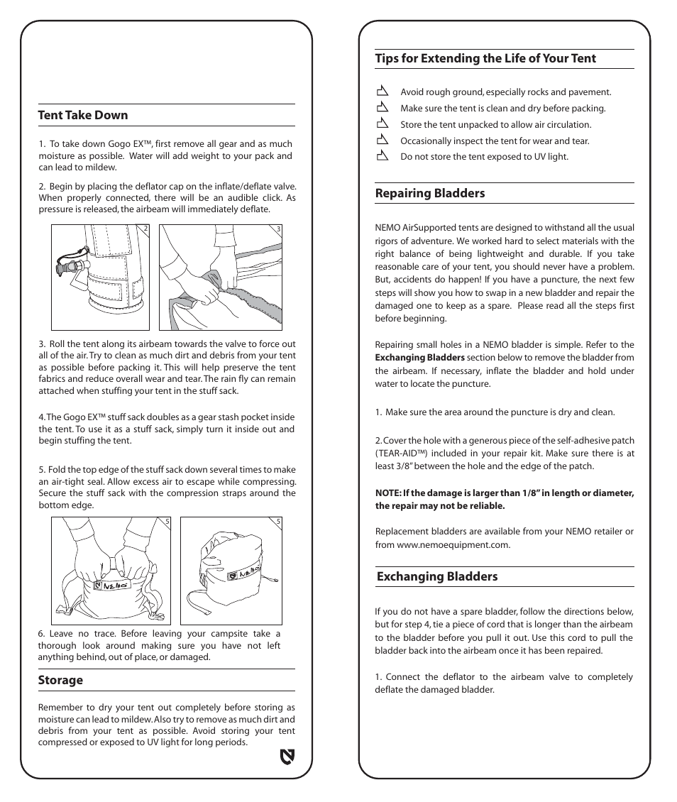 Exchanging bladders, Tent take down storage | NEMO Equipment GOGO E User Manual | Page 5 / 8