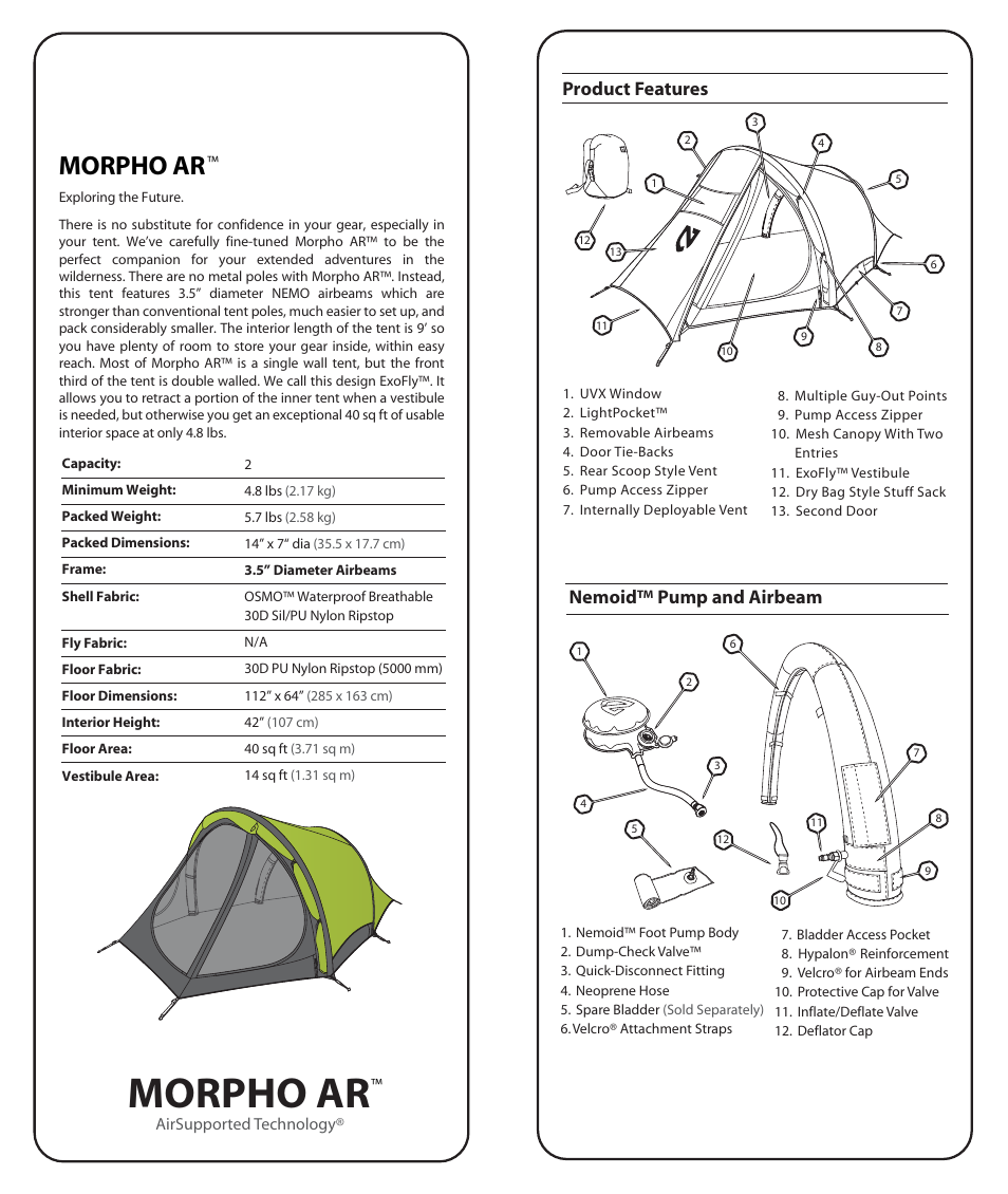 Morpho ar, Nemoid™ pump and airbeam, Product features | NEMO Equipment MORPHO A User Manual | Page 2 / 8