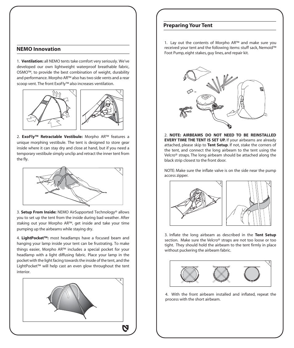 Preparing your tent, Nemo innovation | NEMO Equipment MORPHO A User Manual | Page 3 / 8