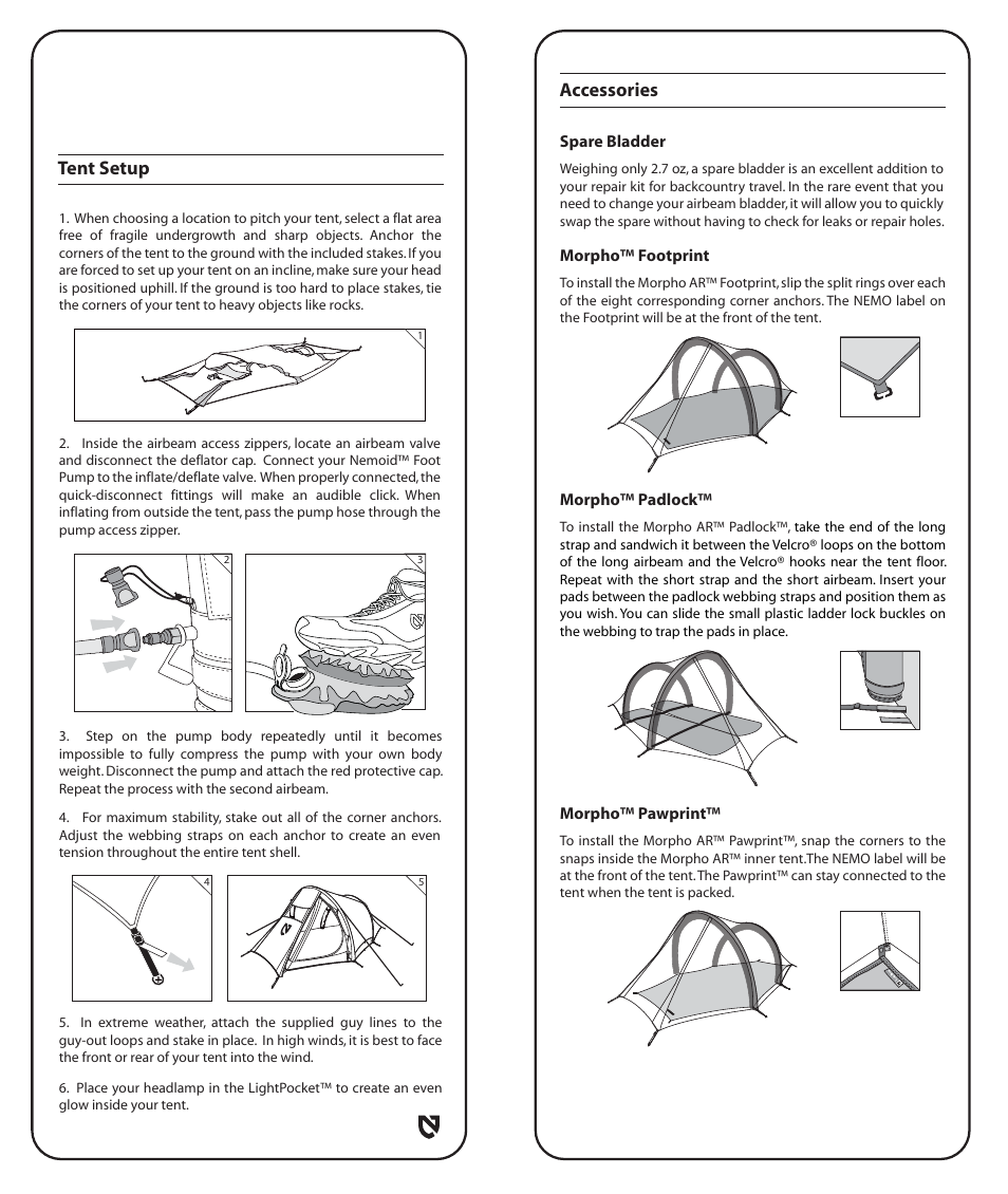 Accessories, Tent setup | NEMO Equipment MORPHO A User Manual | Page 4 / 8