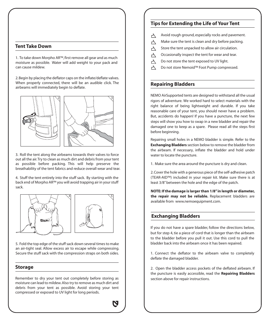 Exchanging bladders, Tent take down storage | NEMO Equipment MORPHO A User Manual | Page 5 / 8