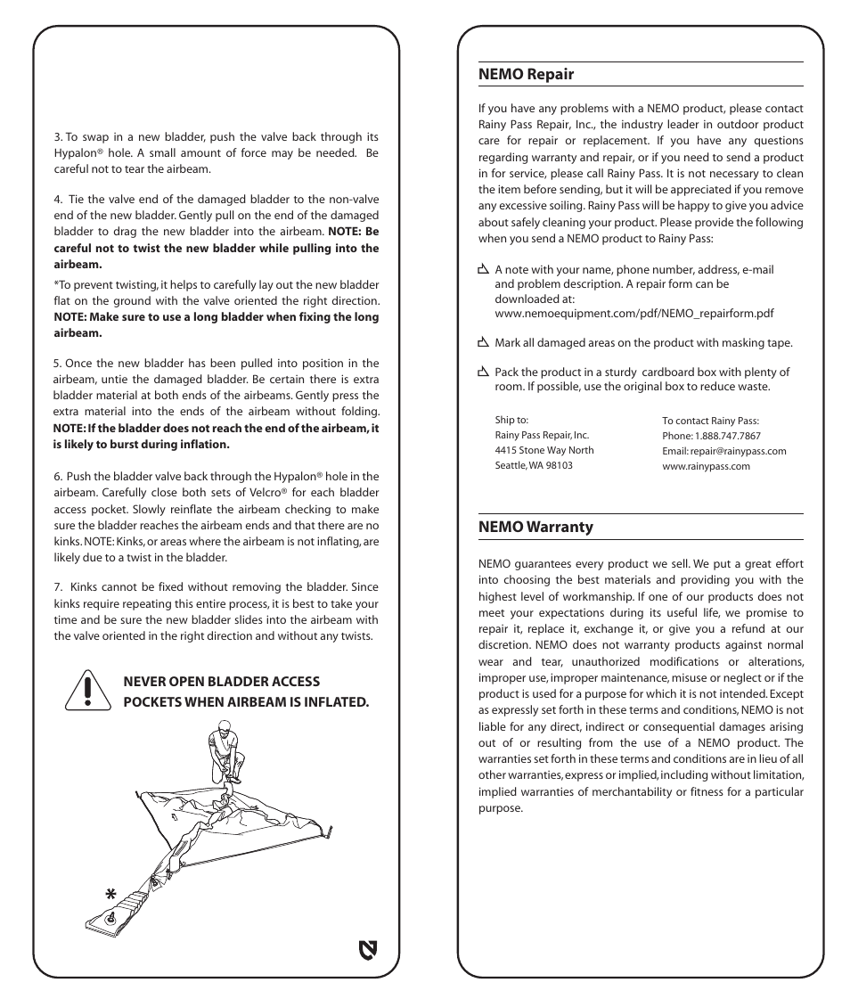 Nemo warranty, Nemo repair | NEMO Equipment MORPHO A User Manual | Page 6 / 8