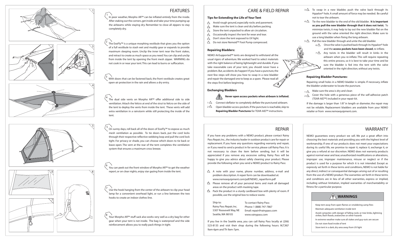 Morpho b.pdf, Care & field repair, Warranty repair | Features, Warnings | NEMO Equipment MORPHO A User Manual | Page 2 / 2