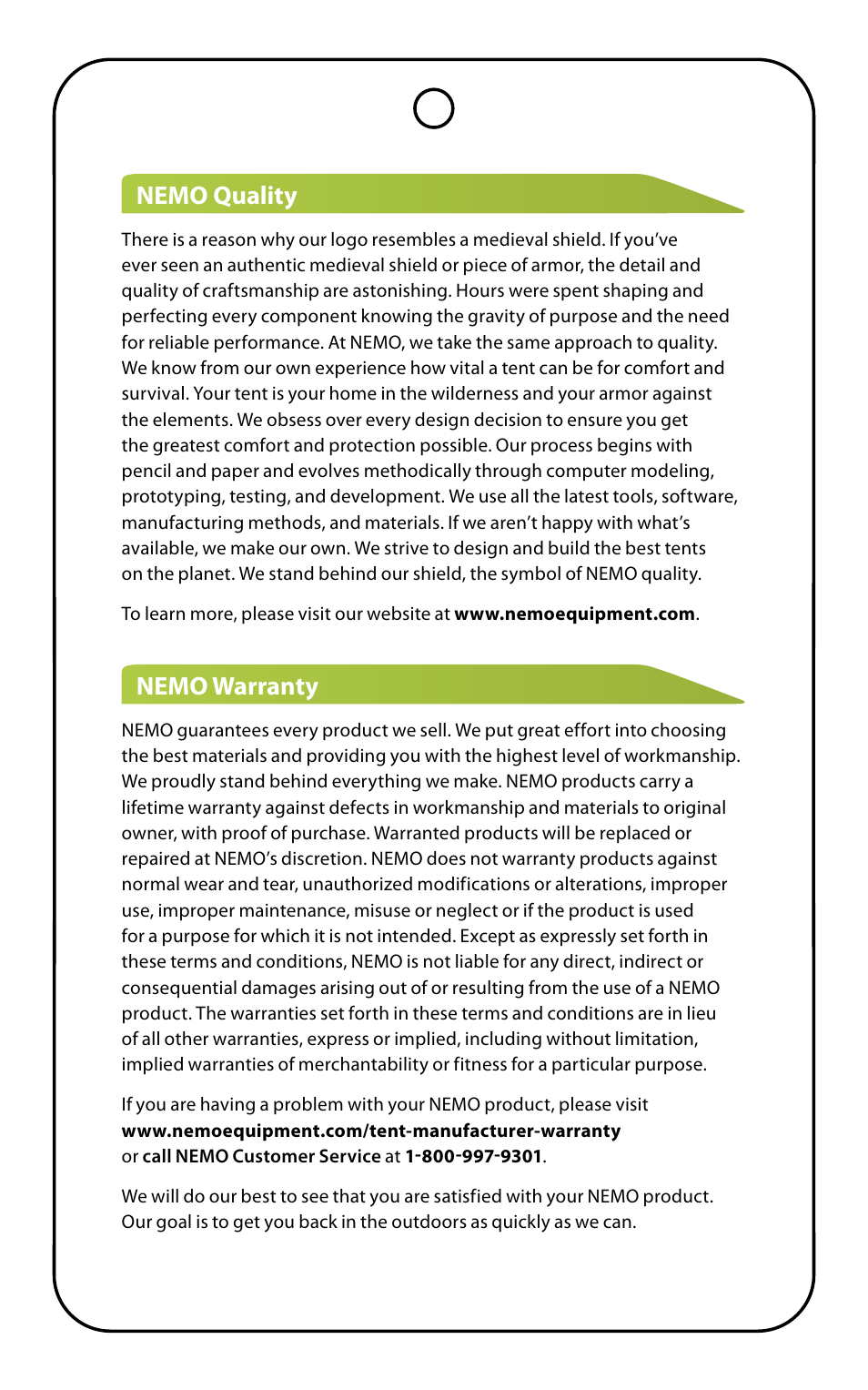 Nemo quality nemo warranty | NEMO Equipment ESPRI 2 User Manual | Page 7 / 9