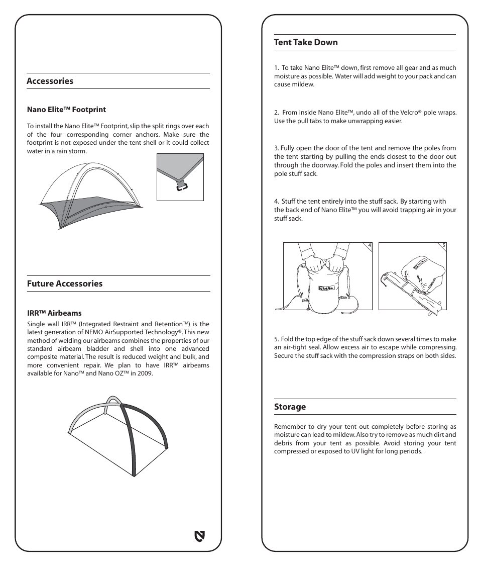 Tent take down storage, Accessories, Future accessories | NEMO Equipment NANO ELIT User Manual | Page 4 / 7