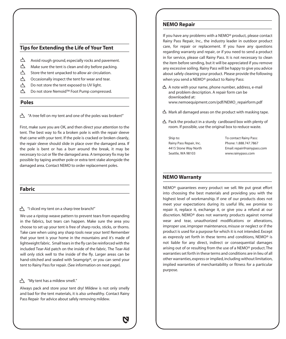 Nemo repair nemo warranty, Tips for extending the life of your tent fabric, Poles | NEMO Equipment NANO ELIT User Manual | Page 5 / 7