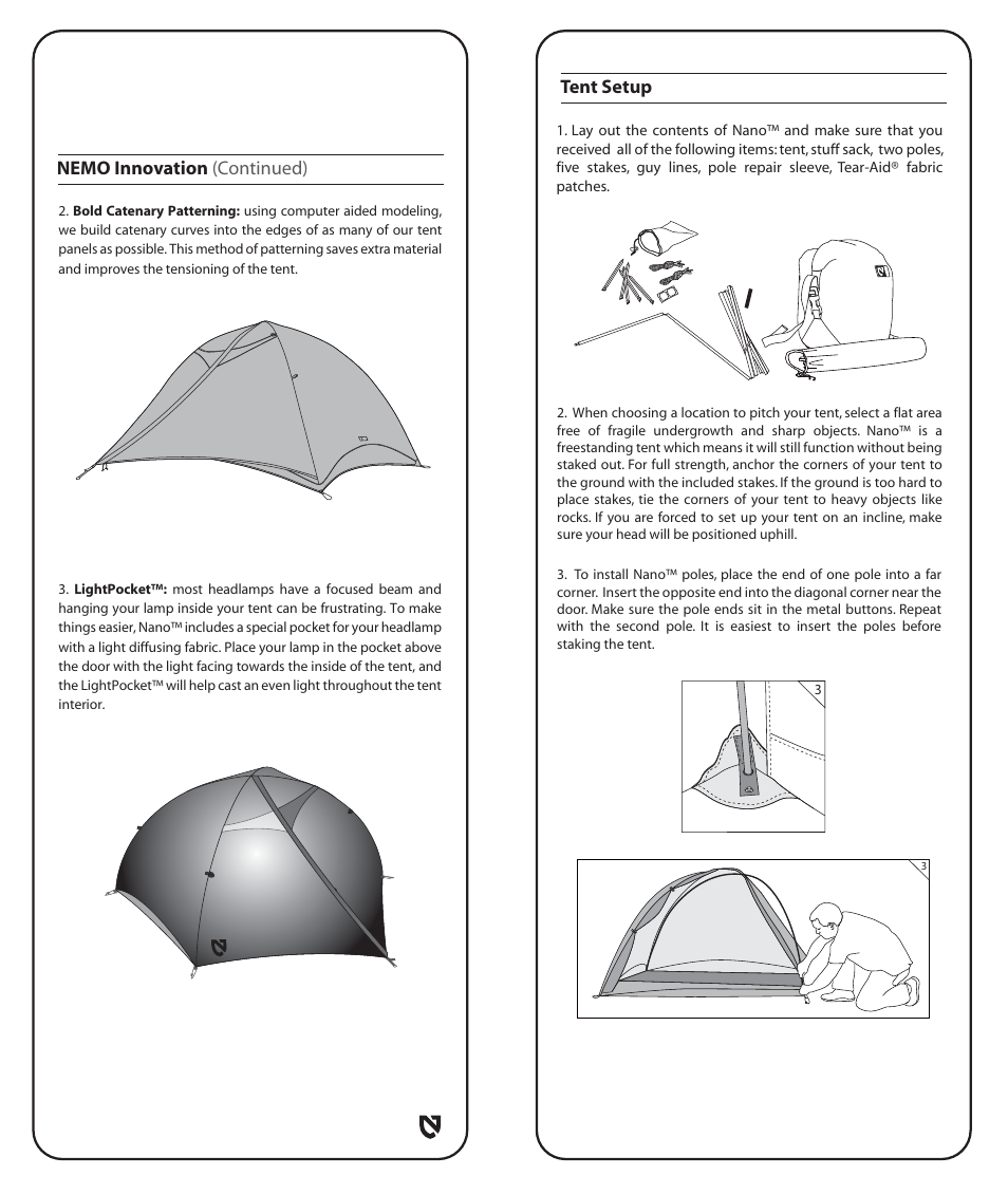 Tent setup, Nemo innovation (continued) | NEMO Equipment NAN User Manual | Page 3 / 8