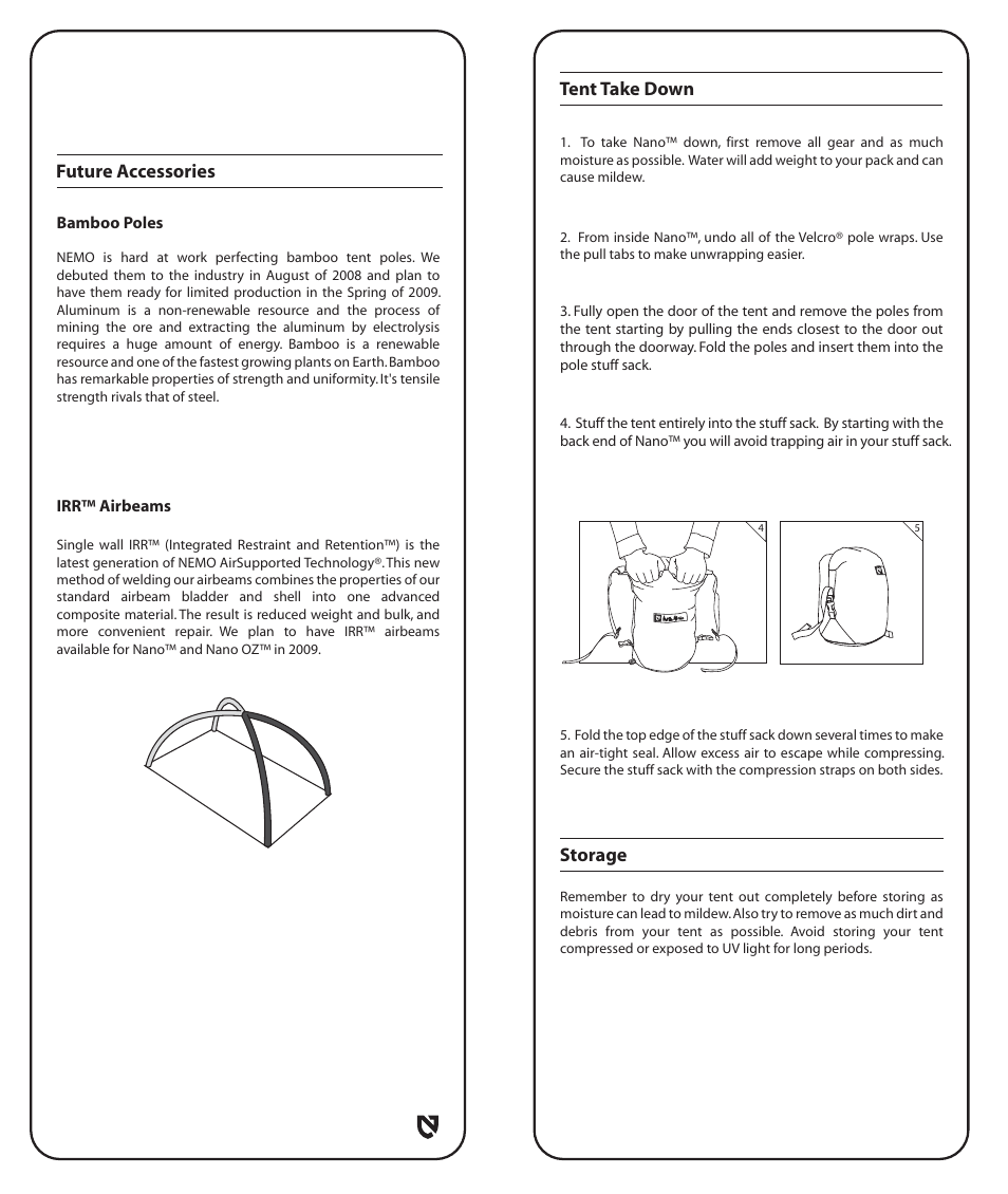 Tent take down storage, Future accessories | NEMO Equipment NAN User Manual | Page 5 / 8