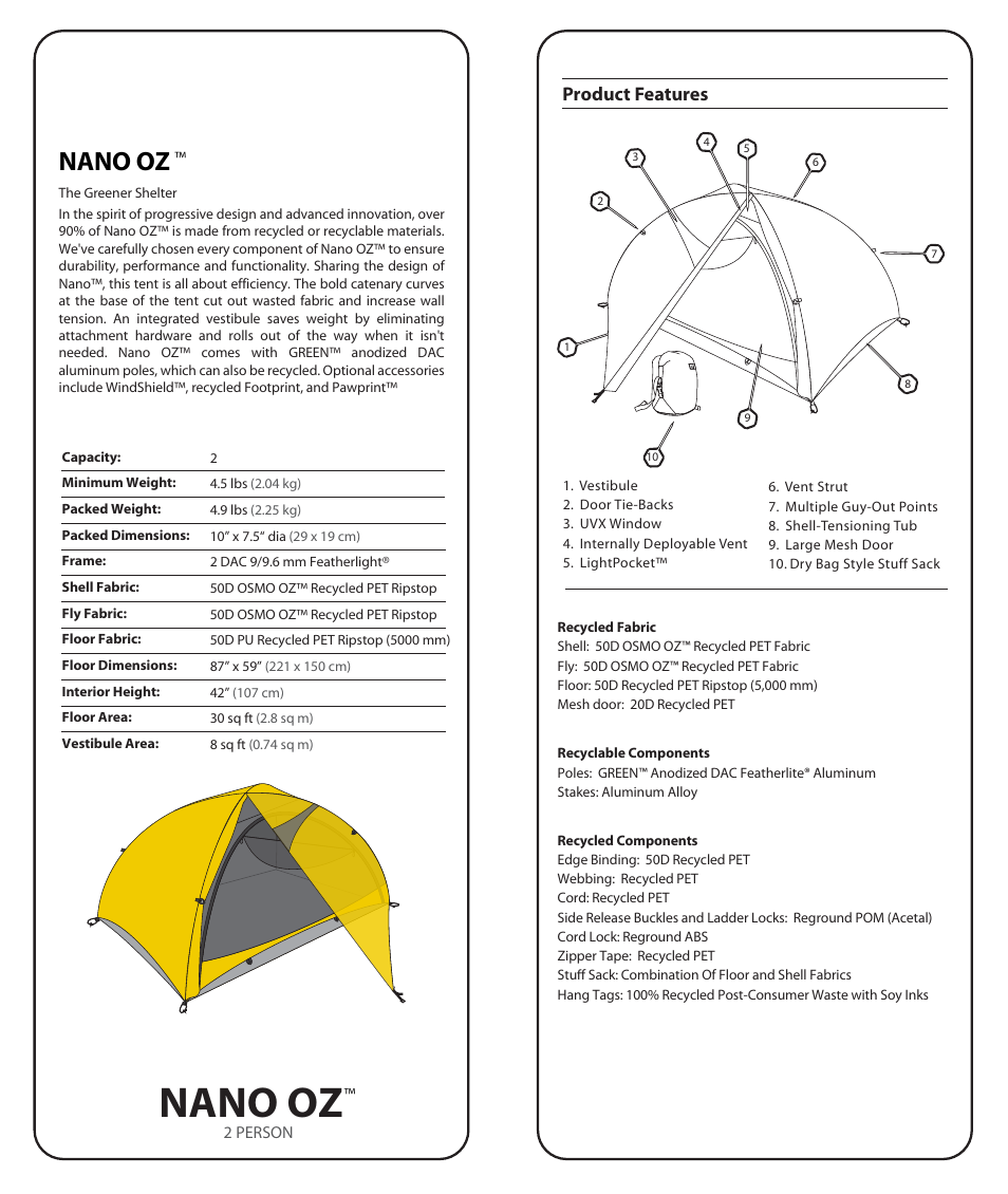 Nano oz, Product features | NEMO Equipment NANO O User Manual | Page 2 / 8
