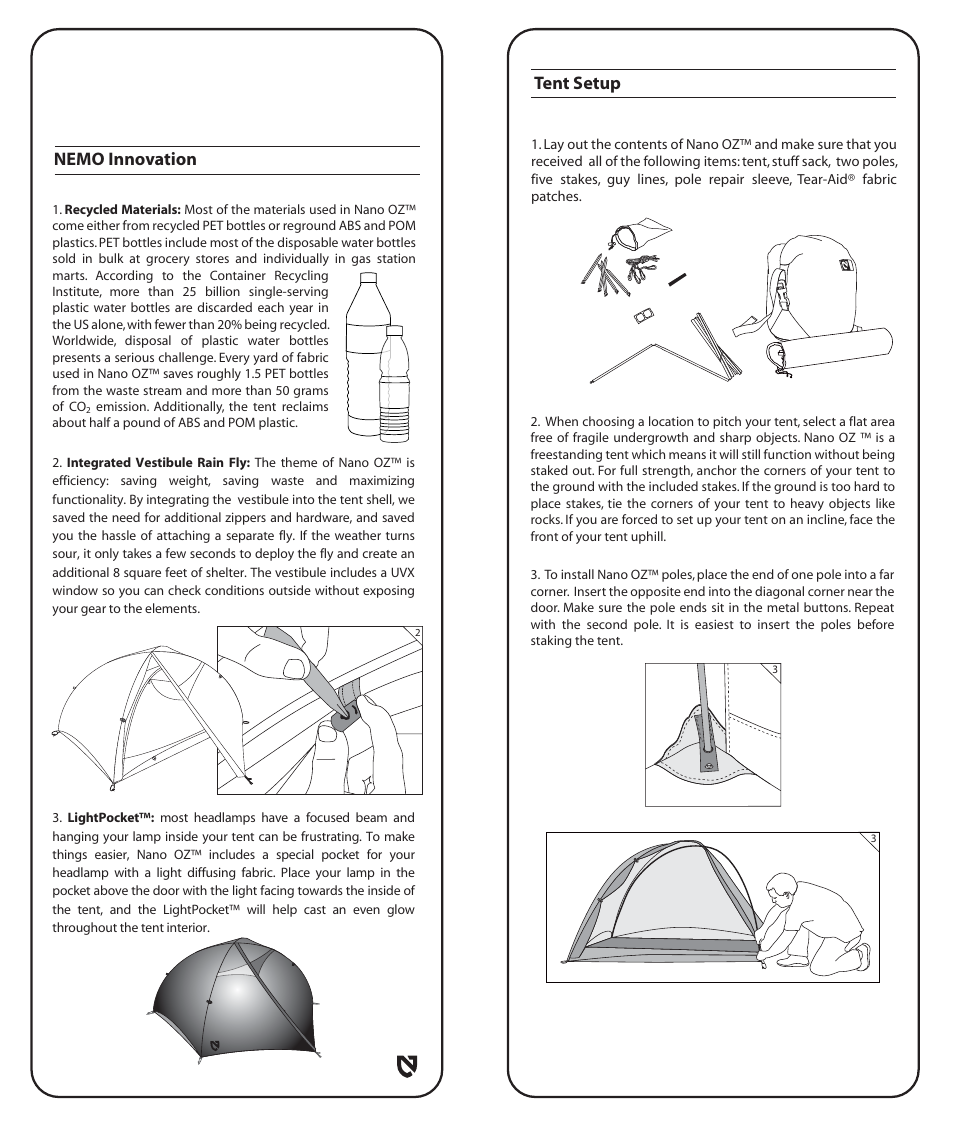 Tent setup, Nemo innovation | NEMO Equipment NANO O User Manual | Page 3 / 8
